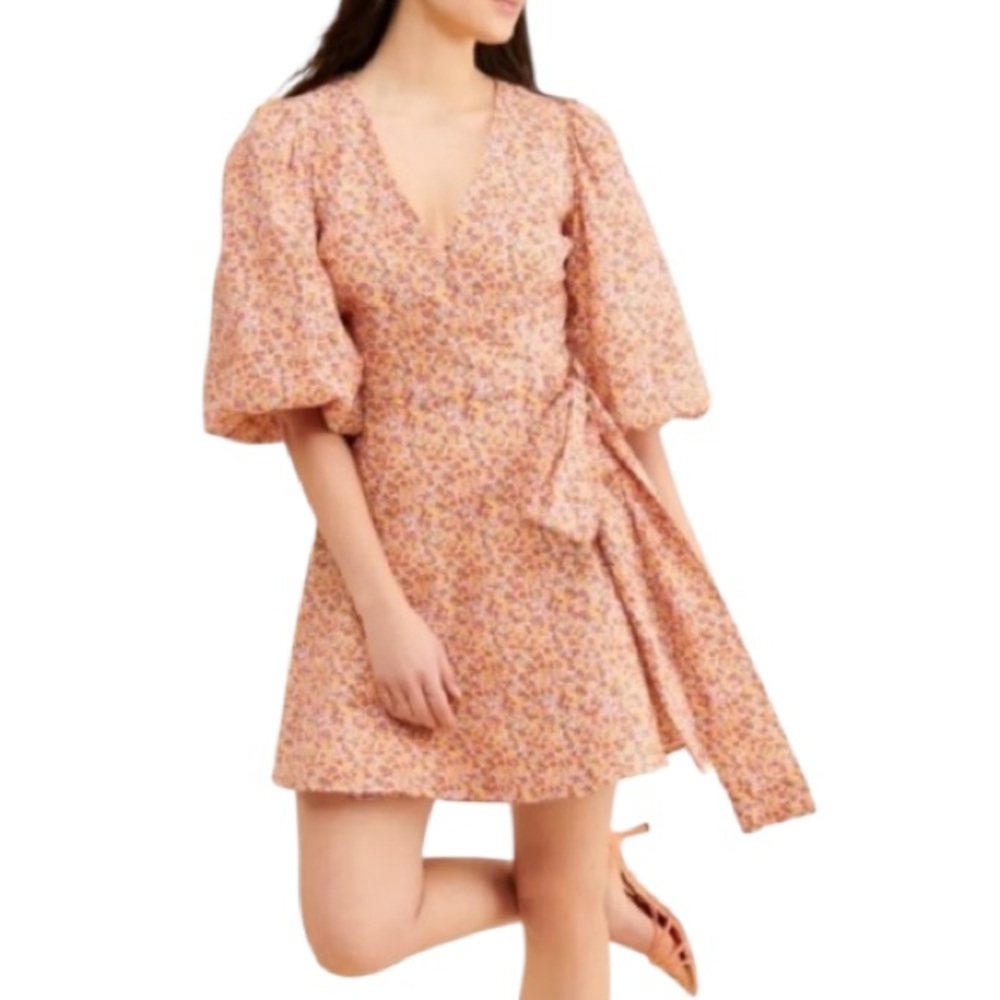 MINKPINK Morwell Cotton Mini Wrap Crepe Dress Puff Sleeves Tag XL Fits Sz Med - Picture 5 of 10